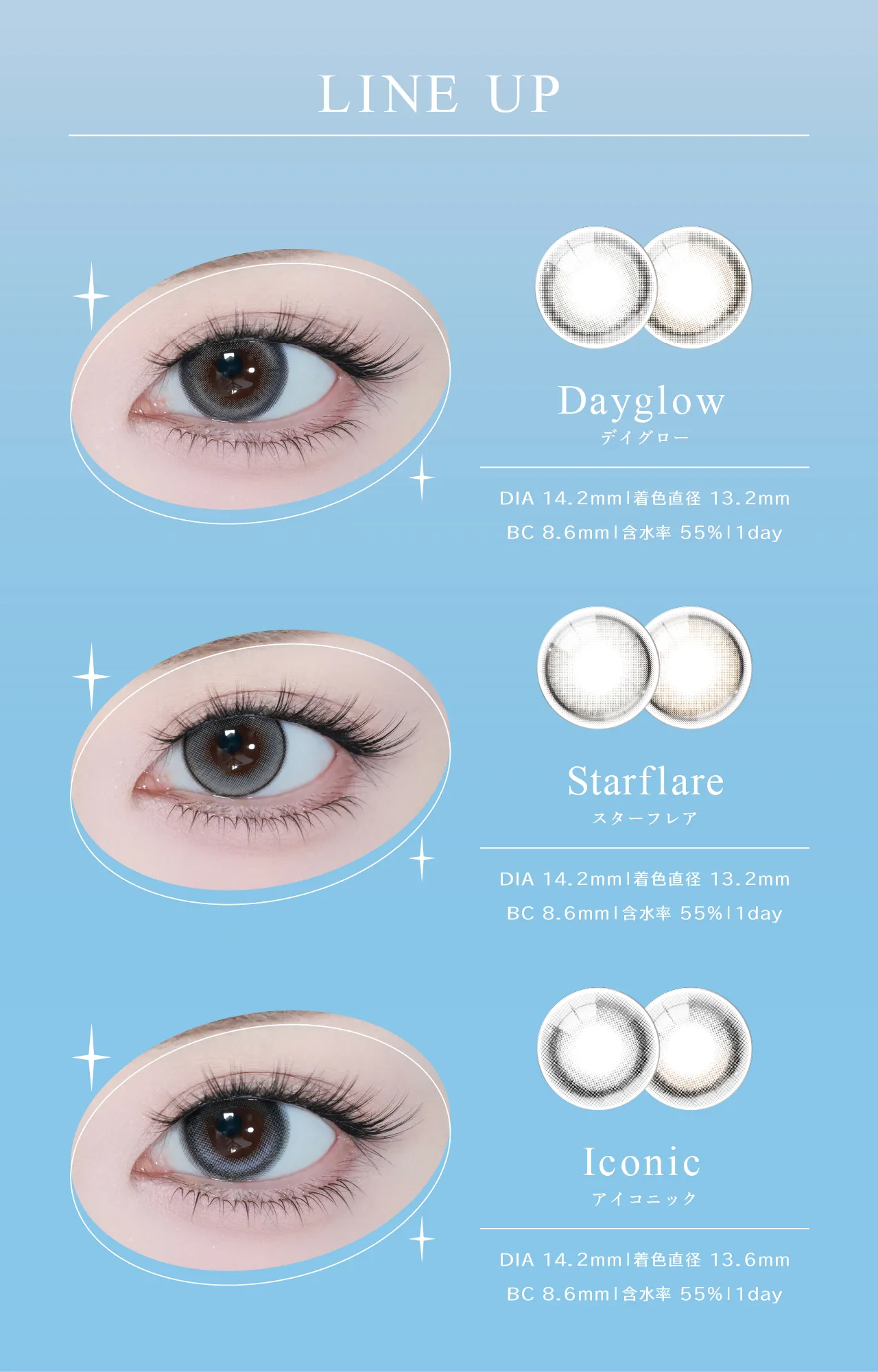 LINE UP Dayglow デイグロー DIA 14.2mm | 着色直径 13.2mm BC 8.6mm | 含水率 55% | 1day Starflare スターフレア DIA 14.2mm | 着色直径 13.2mm BC 8.6mm | 含水率 55% | 1day Iconic アイコニック DIA 14.2mm | 着色直径 13.6mm BC 8.6mm | 含水率 55% | 1day